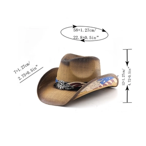 Detailed size chart of American style straw cowboy hat with USA eagle metal emblem