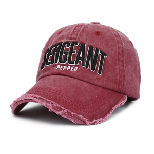 Washed burgundy baseball cap with Sergeant Pepper 3D embroidery and distressed brim