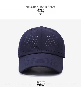 Close-up of navy blue baseball cap with diamond laser-cut ventilation holes and stitched brim