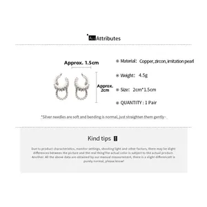 Detailed specs of silver C-shaped ear cuffs with zircon and dimensions on white background
