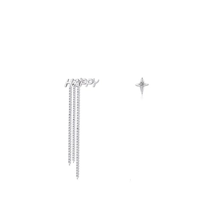 Asymmetric S925 sterling silver tassel earrings with HAPPY letter and star zircon design