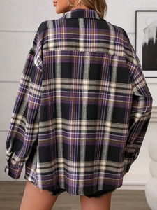 Loose-fit purple plaid long-sleeve shirt for women with textured brushed fabric back view