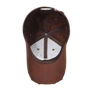 Distressed dark coffee baseball cap featuring six-panel structure and metal buckle