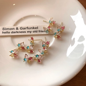 Elegant Butterfly Dangling Stud Earrings Colorful Zircon Copper Jewelry With Silver Earring Post For Women Fashion
