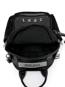 Fashionable black faux leather backpack featuring sparkling rhinestone 1961 detail and adjustable straps