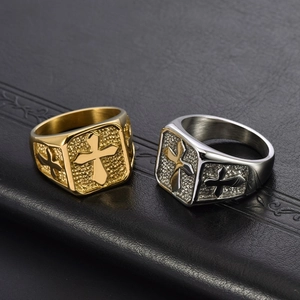Polished titanium steel men's signet rings with embossed cross pattern in gold and silver