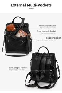 Detail view of black faux leather backpack showing multiple functional storage pockets