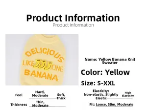 Detail of yellow banana knit dog sweater showing soft texture and embroidered text