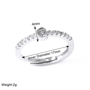 Detail view of silver open ring with size dimensions showing 4mm width and 17mm diameter