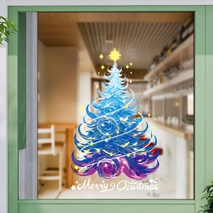 Adesivo natalizio per vetrine con albero di Natale blu e viola e Merry Christmas