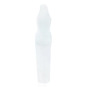 Back view of a white halter sleeveless dress with bodycon ruching details