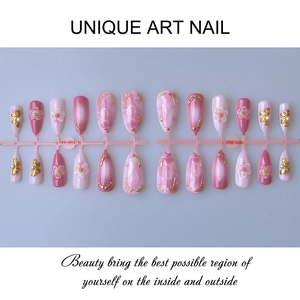 24pcs pink almond press on nails with 3D white flowers and gold marble art design