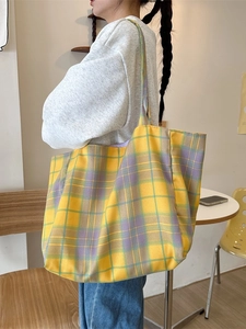 Large yellow and purple plaid canvas tote bag with shoulder strap for women