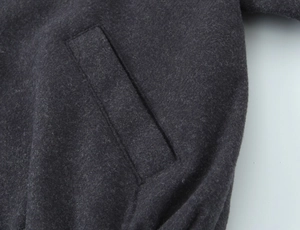 Detail shot of the deep charcoal gray wool fabric and pocket stitching on this flight jacket