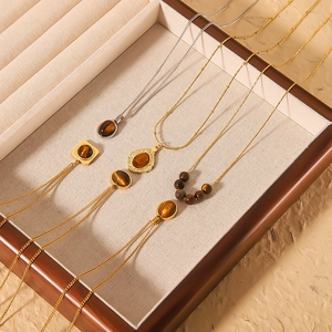 French retro 18k gold plated stainless steel necklaces with natural tiger eye pendants