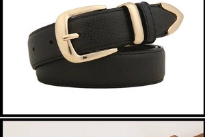 Detailed view of women's black leather belt featuring a vintage gold alloy buckle fastener