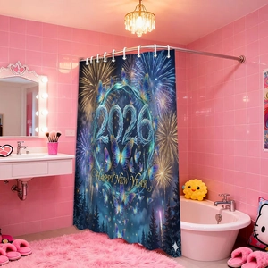 Detail of 2026 Happy New Year polyester shower curtain with fireworks and butterfly prints
