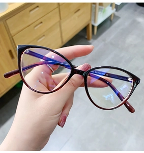 Detailed close-up of dark cat-eye glasses frame with blue light blocking lens