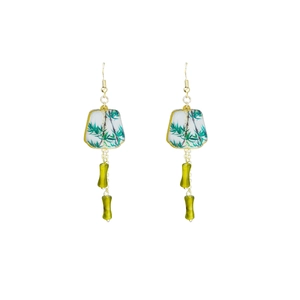 Chinese vintage bamboo leaf tassel earrings with gold hooks and green beads