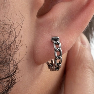 Industrial style stainless steel chain link earrings with vintage oxidized finish for men