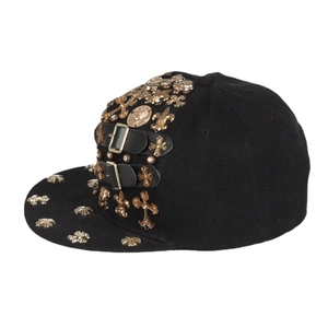 Punk hip hop baseball cap with gold rivets, cross charms and leather straps detail