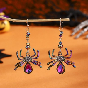 Halloween spider drop earrings with colorful gradient metal and sparkling rhinestones
