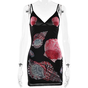 Slim fit black mini dress with thin straps and realistic pink seashell print pattern