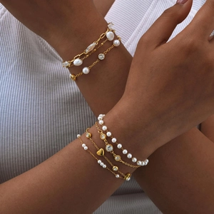 Elegant Stainless Steel Bracelet With AAA Cubic Zirconia And Imitation Artificial Pearl IP Gold Plated Jewelry For Women