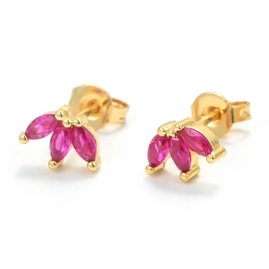 Marquise Cut Colorful Zircon Stud Earrings 18K Gold Plated Copper Geometric Irregular Fan Leaf Shaped Delicate