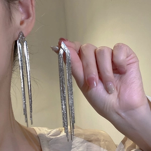 Detailed close-up of long silver metallic fringe earrings featuring multiple thin chains