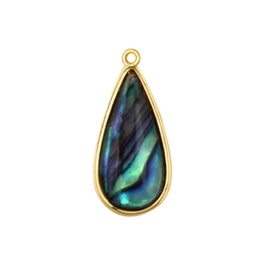 Detailed view of teardrop abalone shell pendant with 18k gold plated frame texture