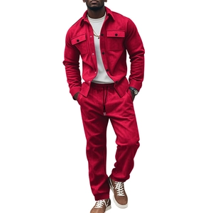 Men's red faux suede tracksuit featuring a lapel jacket and matching drawstring pants