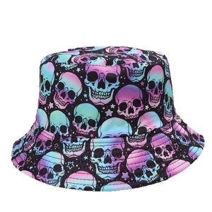 Reversible bucket hat with colorful gradient skull print for hip-hop streetwear style