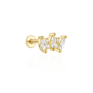Macro shot of 16G gold silver moon earring featuring sparkling cubic zirconia crystals