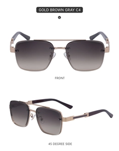 Detail view of C4 square sunglasses with gold metal frames and brown gray gradient lenses