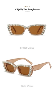 Detail of jelly tea square sunglasses with rhinestones showing front and side views