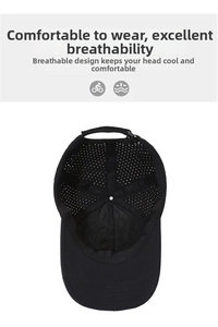 Close-up of breathable laser-cut perforation on a quick-dry black outdoor baseball cap