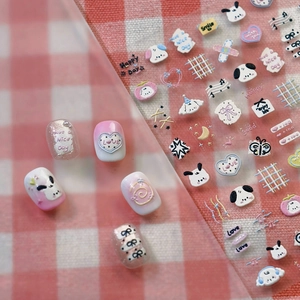 3D embossed cartoon puppy nail stickers with heart and bow motifs for DIY manicure art