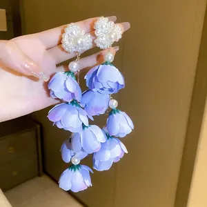 Long Tassel Drop Earrings With Fabric Flower And Faux Artificial Pearl Silver Earring Post Alloy Romantic Mori Style For Women