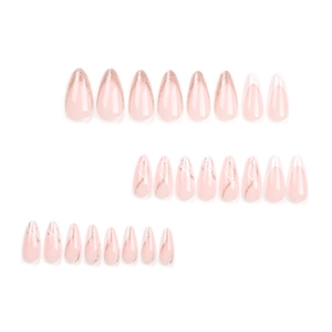 24pcs long almond press-on nails with nude pink base, gold glitter french tips and waves