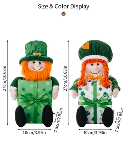 Detailed size display of St. Patrick's Day plush gnomes with green shamrock gift boxes