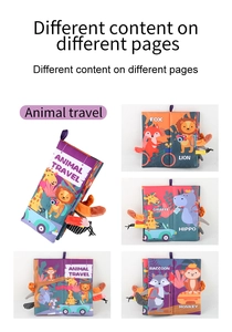 Detailed views of baby sensory cloth book with 3D animal tails and textured pages