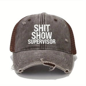 Detailed view of the distressed grey brim and mesh back of this vintage trucker hat