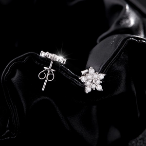 Sparkling D-color Moissanite silver snowflake earrings for women on elegant black leather