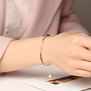 2mm rainbow tourmaline beaded bracelet with adjustable gold chain and heart charm
