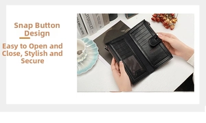 Detail of black long wallet featuring multi-slot card layout and secure snap button closure