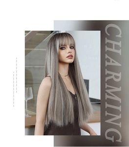 Macro detail of ash brown gradient long straight wig with bangs and charming fiber texture