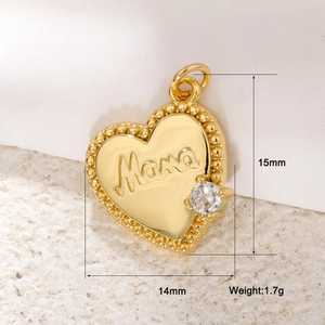 Detail view of 15mm gold heart Mama pendant with cubic zirconia and dimensions
