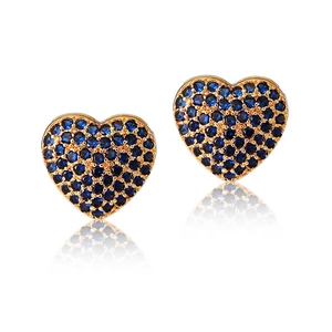 Vintage style 18K gold-plated brass heart stud earrings with blue pave zircon stones