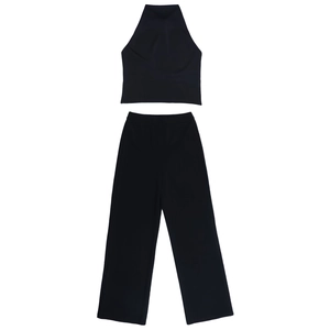 Flat lay of women's black halter top and high-waist straight pants two-piece set